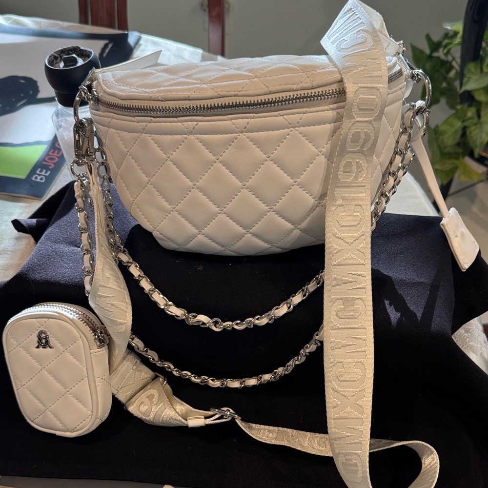 Steve Madden Quilted White Crossbody Belt Bag with Chain Strap